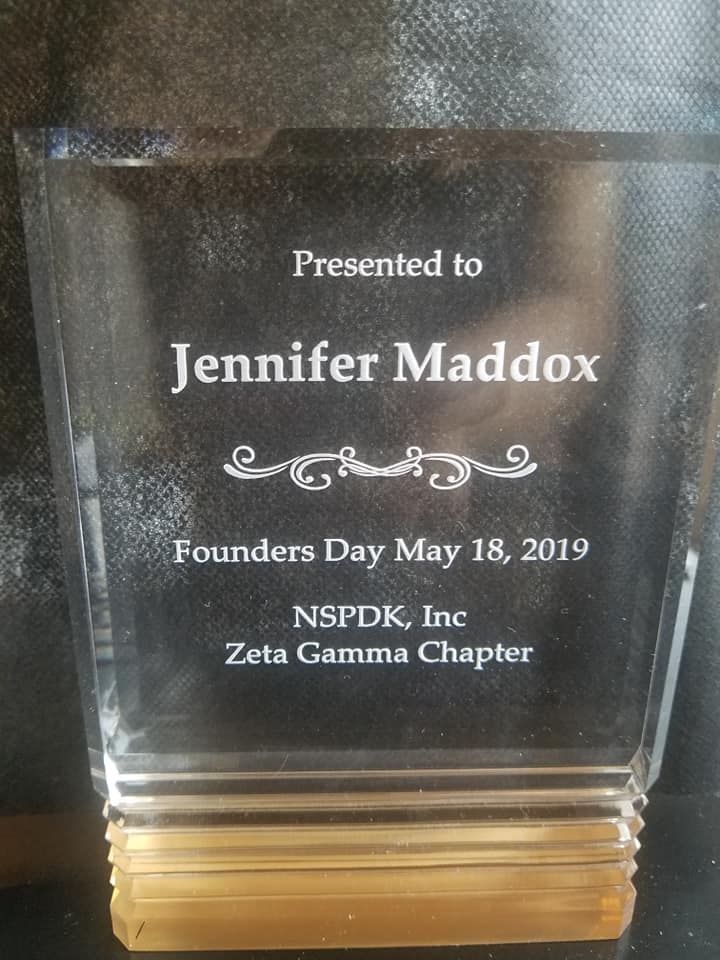 A plaque given to Jennifer Maddox